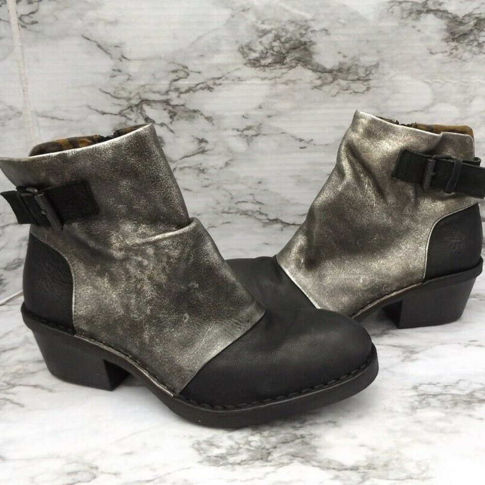 NEW Fly London Dape Black Block Heel Leather Ankle